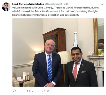 Lord Ahmad's tweet about his meeting with Chris Carnegy.