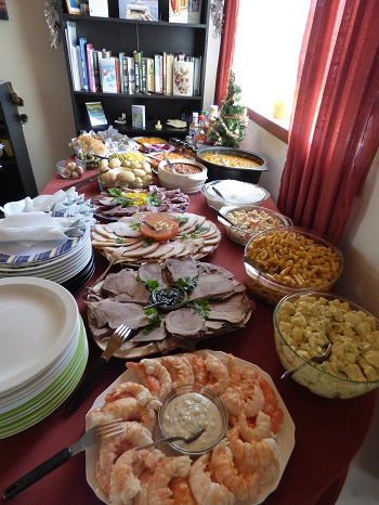 A Christmas dinner beautifully laid out.