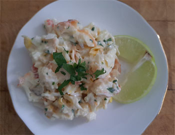 Lunch: Lobster salad with a slice of lime.
