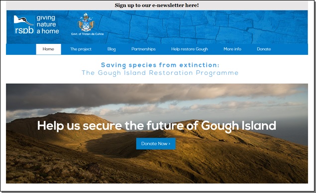 Screen shot of the RSPB web page for the Gough Island Restoration Programme