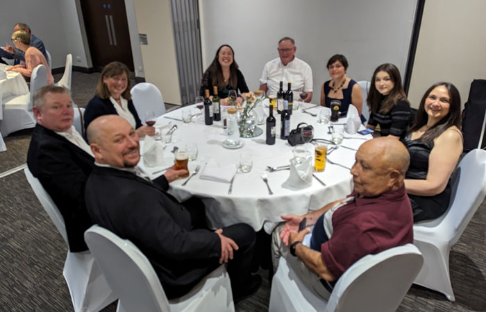 Good company at the dinner table. Clockwise from far left: Barry Carter, Antje Steinfurth, Anna Hicks, Jim Kerr, Dawn & Amber Repetto, Hazel Carter, Gerry Repetto and Robin Repetto