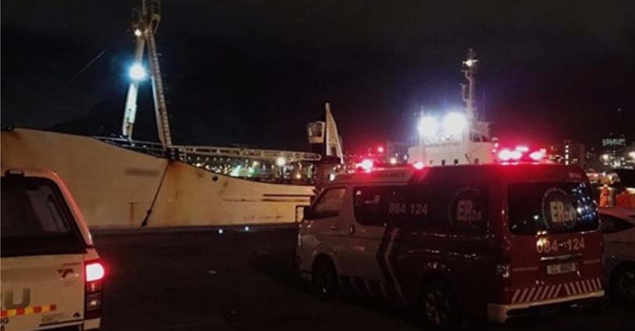 Emergency ambulance collecting the medical evacuee from the MFV Edinburgh in Cape Town harbour.
