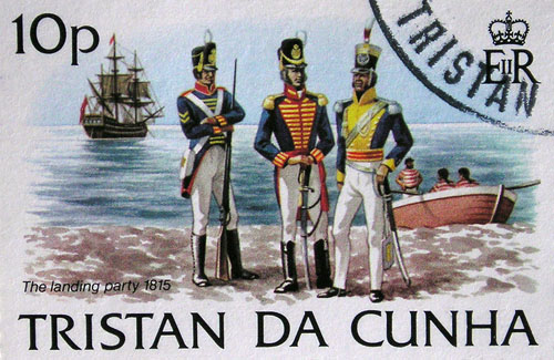 A 1982 Tristan stamp depicts the scene on Big Beach as the first British landing was made on 14th August 1816.