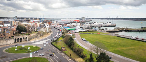 View from a voco hotel bedroom showing Southampton Water with Town Quay visible directly behind the ornamte white domed building.