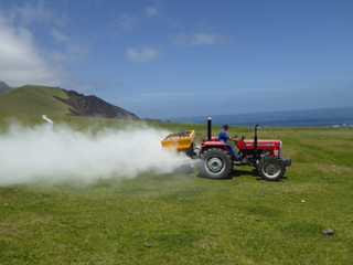 Spreading lime to raise the pH of the ground, to help grass growth.