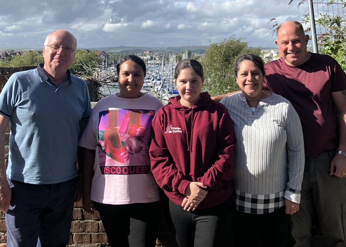 Chris Carnegy in Weymouth with islanders Linda Green, and Katie, Geraldine & Paul Repetto.