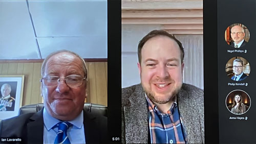 On-screen view of Tristan Chief Islander Ian Lavarello and UK Governbment Overseas Territories Minister Stephen Doughty MP