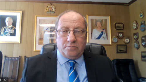 Ian Lavarello taking part in the video-link from the Tristan Council Chamber