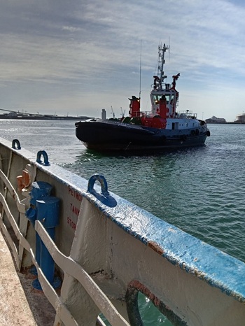 The tug Enseleni preparing to guide the Edinburgh from the quay. Photo: Carlene Glass-Green