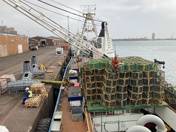Cargo being loaded in Cape Town, including two new dolos moulds for harbour works.