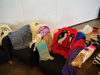 Above & below: Some of the knitted handicrafts on offer for sale in Prince Philip Hall (Photos: Julia Gunther)