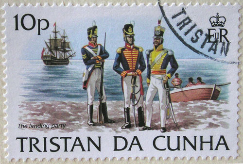 1982 stamp showing the British garrison landing at Tristan da Cunha on 14th August 1816
