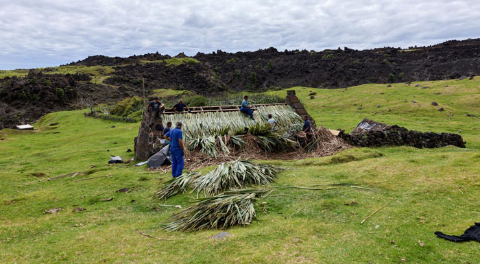 General view towards the rear of the Thatched House Museum showing thatching in progress