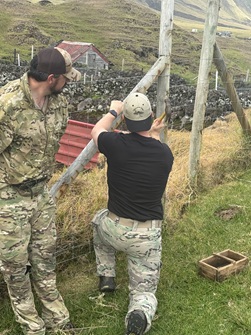Nailing mesh to fence posts.