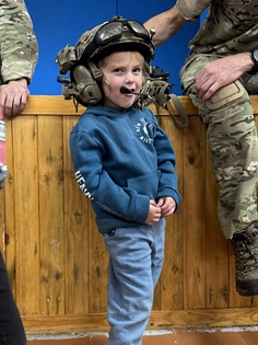 Trying the full set of headgear.