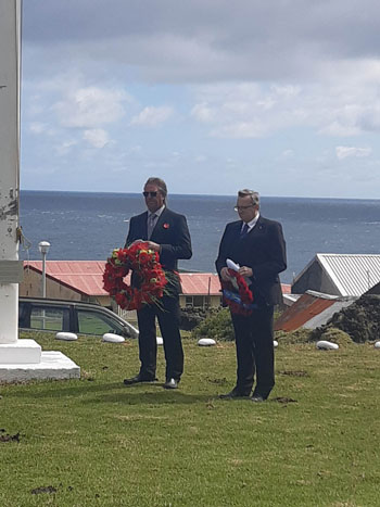 Chief Islander James Glass and Co-Administrator Steve Townsend prepare to speak and lay their wreaths.