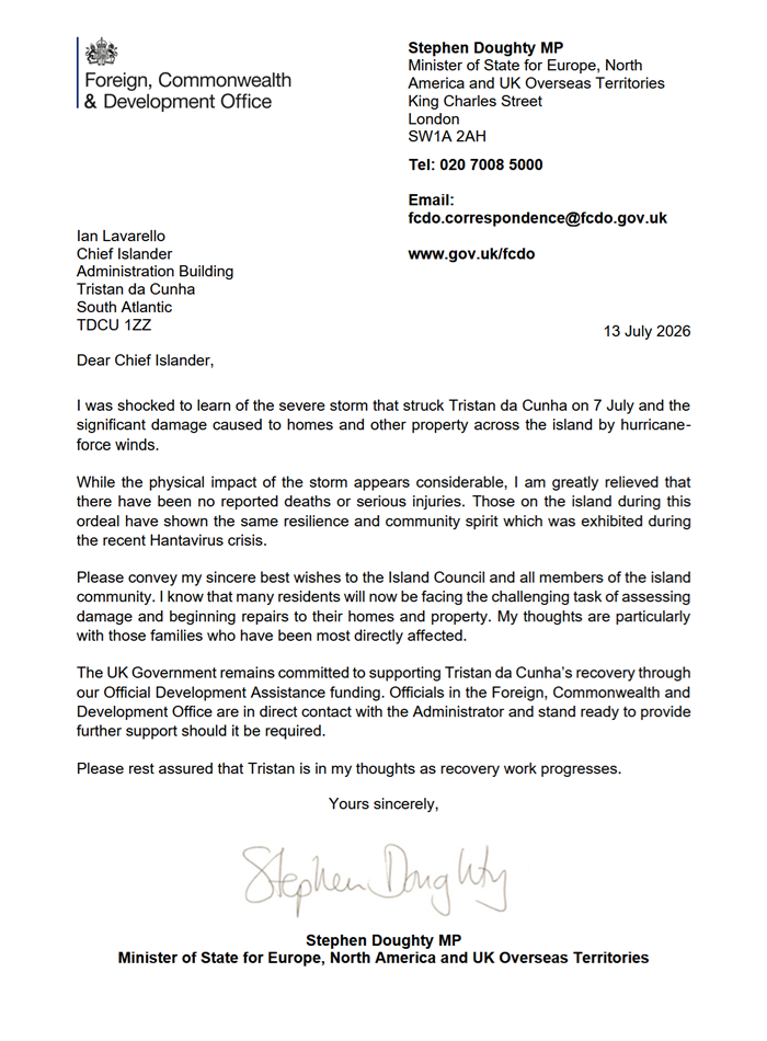 Letter of support from Minister of State Stephen Doughty to Chief Islander Ian Lavarello.