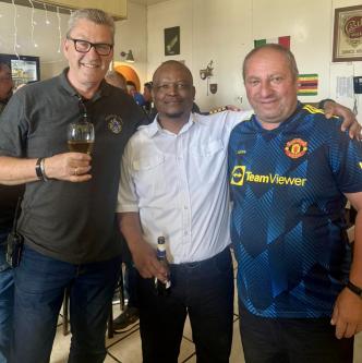 Captain Roland Clutties with Philip Kendall and Ian Lavarello in the Albatross Bar (Photo: Philip Kendall)