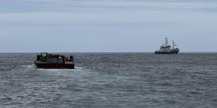 The raft backloading cargo and taking passengers to the MFV Lance in December 2025.