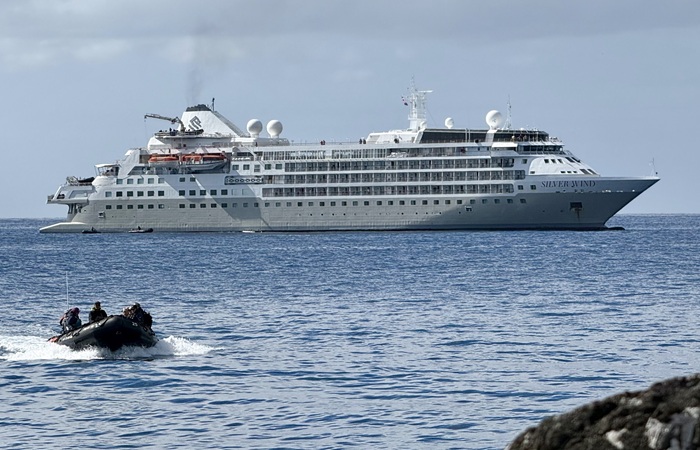 The MV Silver Wind off Edinburgh of the Seven Seas, and tranferring passengers ashore. Photo: Philip Kendall