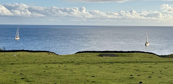 The yachts Amundsen and Vinson of Antarctica anchored off the settlement on the 9th April 2026.
Both yachts visited Tristan at Easter last year. Photo: Philip Kendall