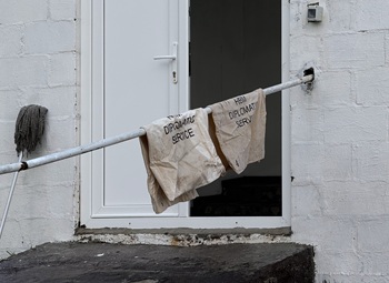 Diplomatic bags drying out at the Government Building.