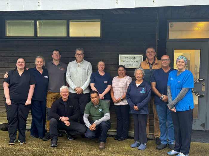 Administrator Philip Kendall with UK-MED, Iqarus and Falkland Island medics, Dr Alex and his team outside Camogli Healthcare Centre on 17th June 2026.