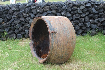 An old try pot at the Post Office and Tourism Centre.