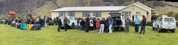 Panorama view of departing passengers and luggage