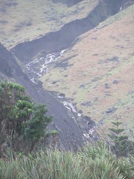 Rainwater gushes down the normally dry gulches behind the 1961 volcano.