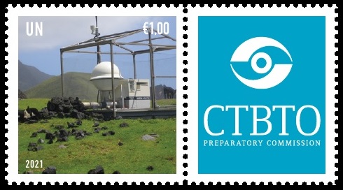 United Nations stamp commorating the 25th anniversary of the CTBTO, showing the Tristan station.