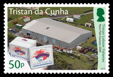 Tristan Lobster Fisheries, 50p, Aerial view of the new fishing factory and current lobster packaging