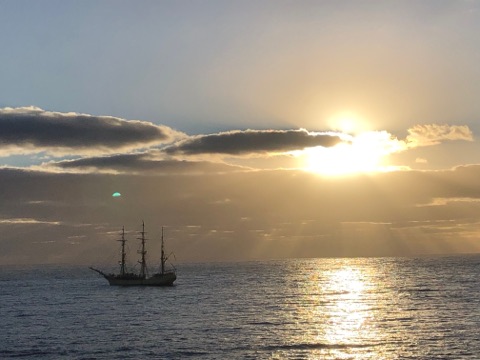 Bark Europa at sunset off Tristan da Cunha