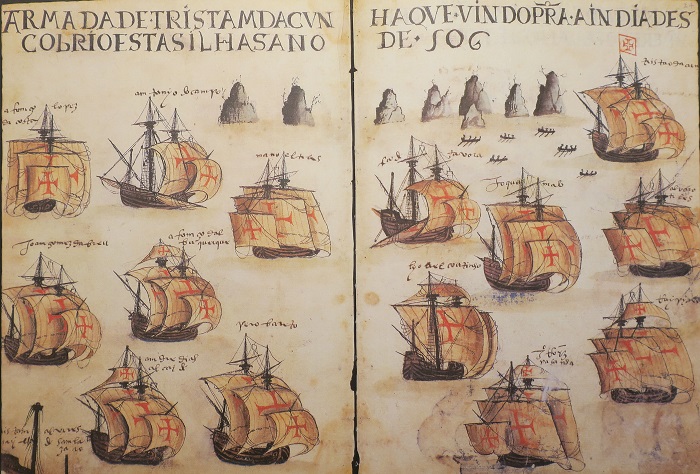 Illustration of Tristão da Cunha's fleet in a Portuguese pilot book.