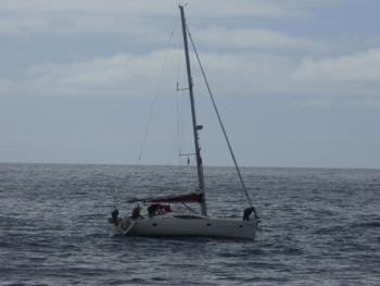 Yacht Zephyr at anchor off Calshot Harbour, Tristan da Cunha