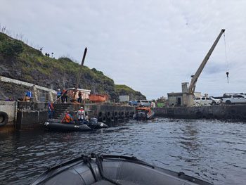 The ship's shore-side team at the harbour steps