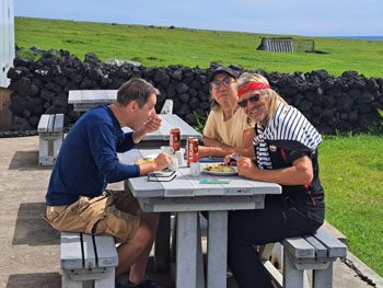 The crew eat alfresco outside Café da Cunha