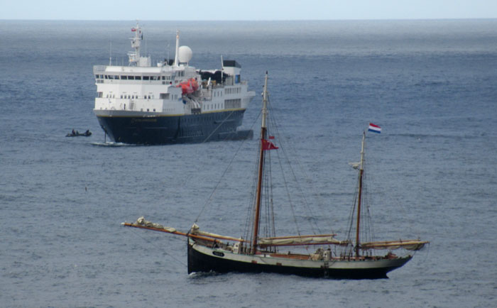 National Geographic Explorer and SV Tecla at anchor off the settlement