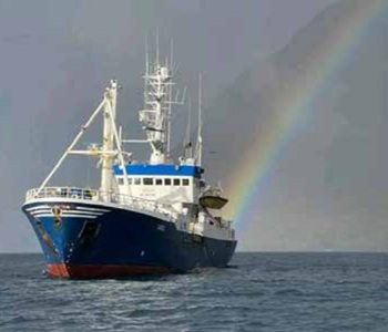 MFV Lance anchored at the end of a rainbow in June2025. Photo: Odile Cesari