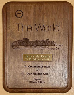 Plaque presented to Tristan by The World
