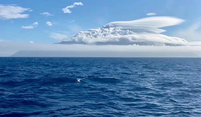 Cloud covered view of Tristan da Cunha taken from one of the Vendée Globe race yachts.